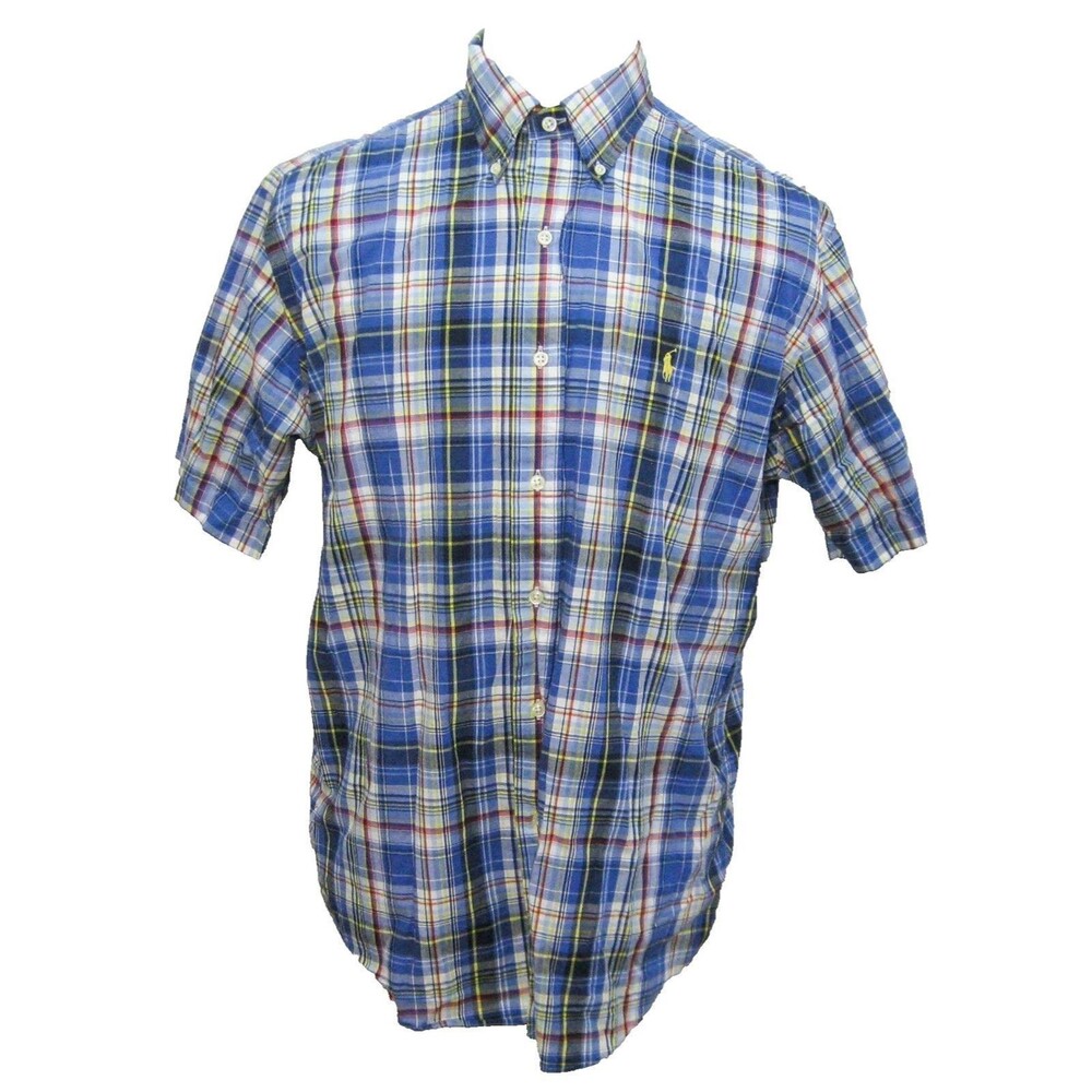 Ralph Lauren Button Shirt Mens Large Blue Plaid Short Sleeve Logo 100% Cotton